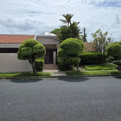 Fachada de una residencia con tres árboles topiary esféricos esculpidos flanqueando la entrada principal